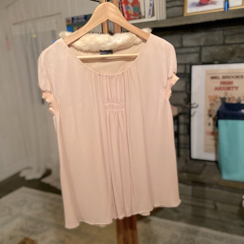 Fendi Powder Blush Pink Silk Crepe Blouse with Fir Trim. Vintage.